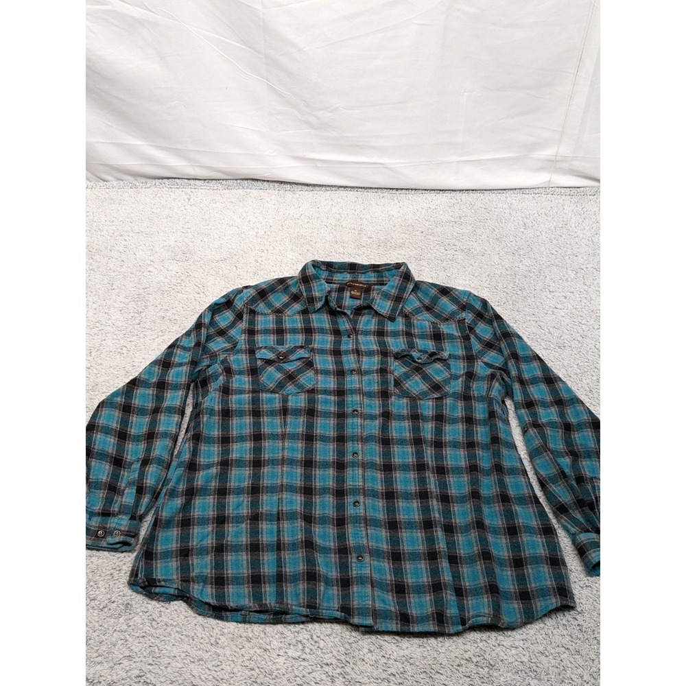 Bit & Bridle‎ Flannel Shirt Men's XL Teal Black Plaid Western Long Sleeve Cotton